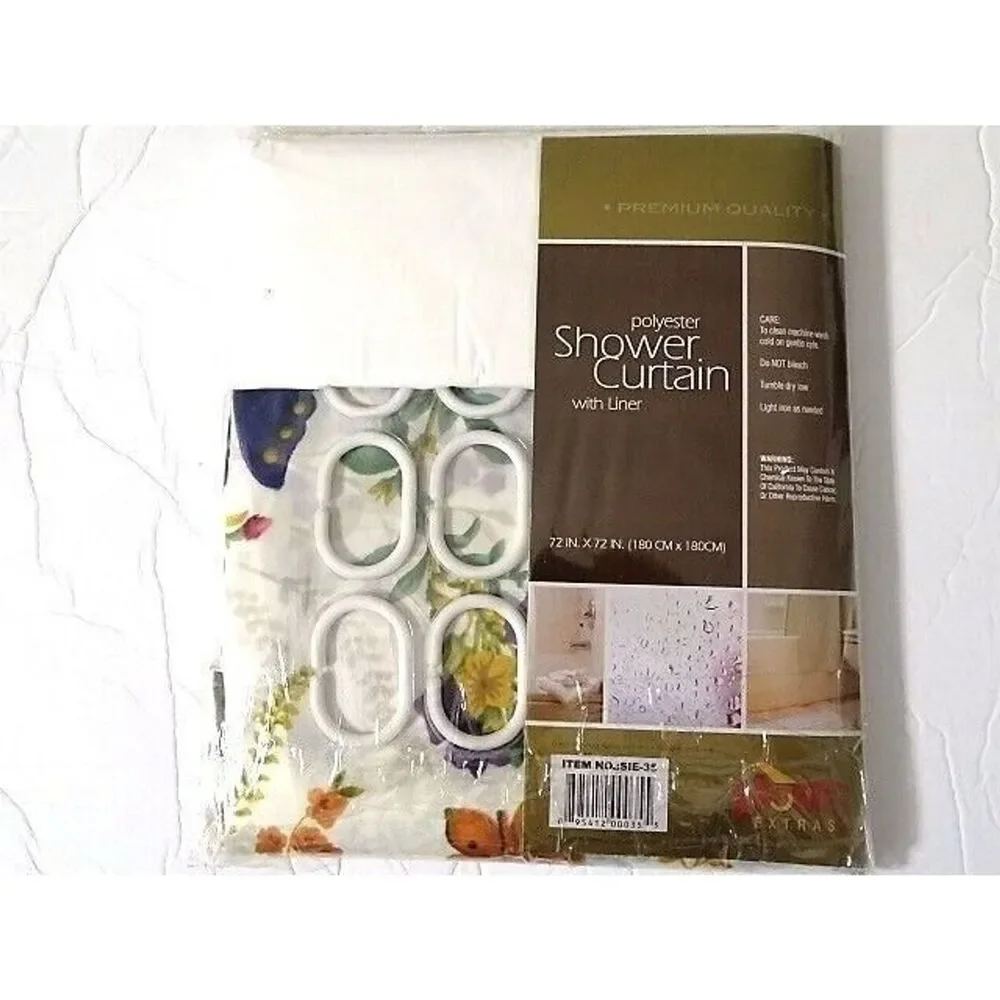 Butterfly Floral Shower Curtain and Liner 12 White Bath Hooks Bathroom Purple